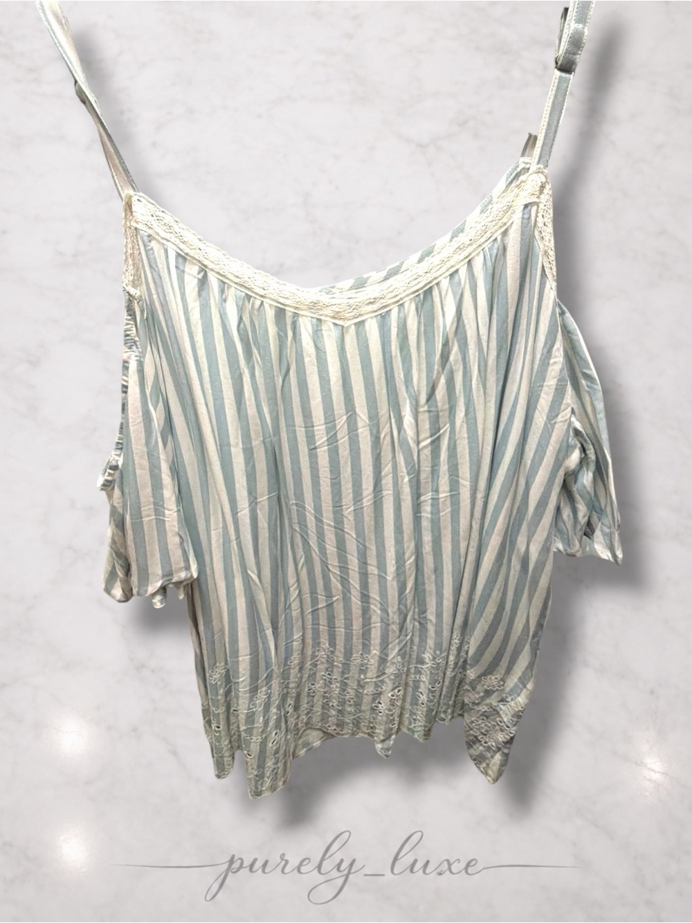 Maurices Pale Blue and White Striped Cold-Shoulder Lace-Trim Camisole